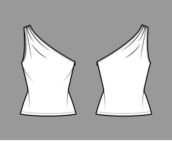 Top One-shoulder with ruching tank technical fashion illustration with fitted slim body, tunic length. Flat outwear — Image vectorielle