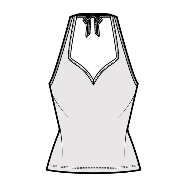 Tank halter sweetheart neck top technical fashion illustration with bow, slim fit, tunic length. Flat apparel — 스톡 벡터