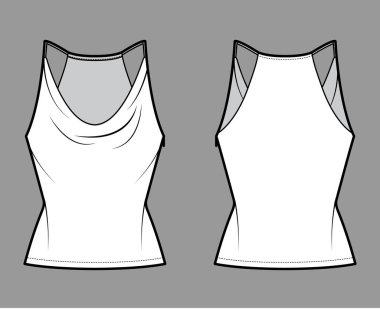 Tank low cowl Camisole technical fashion illustration with thin adjustable straps, slim fit, tunic length. Flat apparel 