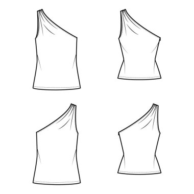 Set of One-shoulder tops tank technical fashion illustration with ruching, fitted and oversized body, tunic length hem.