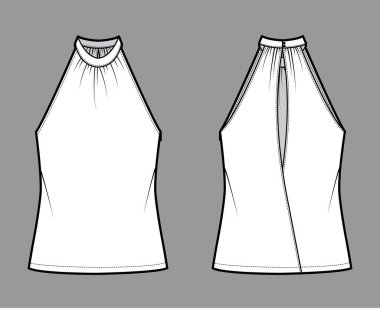 Top banded high neck halter tank technical fashion illustration with wrap, oversized, tunic length. Flat apparel outwear