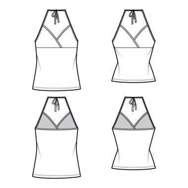 Set of Camisoles halter neck surplice tanks technical fashion illustration with empire seam, bow, slim, oversized fit