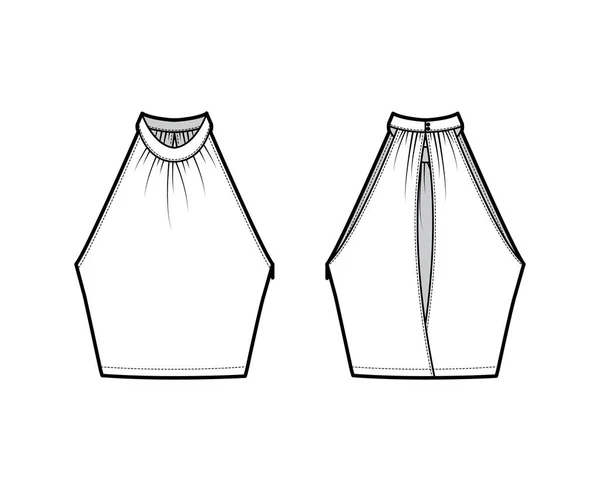 Top crop banded high neck halter tank technical fashion illustration with wrap, slim fit, waist length. Flat apparel — Stockový vektor