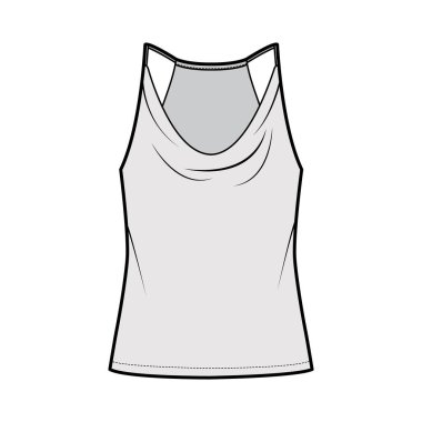 Tank low cowl Crop Camisole technical fashion illustration with thin adjustable straps, oversized, waist length. Flat 
