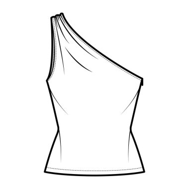 Top One-shoulder with ruching tank technical fashion illustration with fitted slim body, tunic length. Flat outwear
