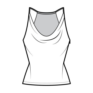 Tank low cowl Camisole technical fashion illustration with thin adjustable straps, slim fit, tunic length. Flat apparel 