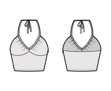 Top crop V-neck halter tank technical fashion illustration with empire seam, thin tieback, slim fit, bow, waist length. 