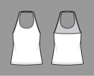 Tank halter scoop neck top technical fashion illustration with oversized, tunic length. Flat apparel shirt outwear