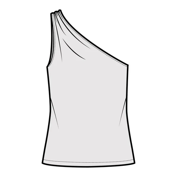 One-shoulder top tank technical fashion illustration with ruching, oversized body, tunic length hem. Flat outwear shirt — Wektor stockowy