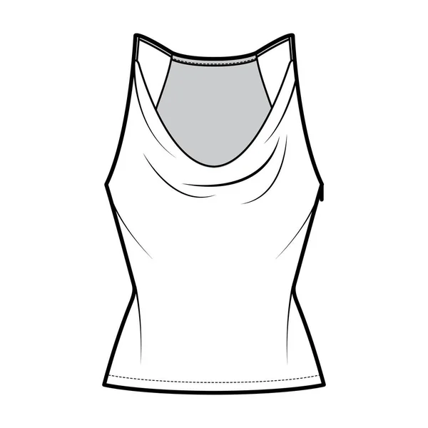 Tank low cowl Camisole technical fashion illustration with thin adjustable straps, slim fit, tunic length. Flat apparel — 图库矢量图片