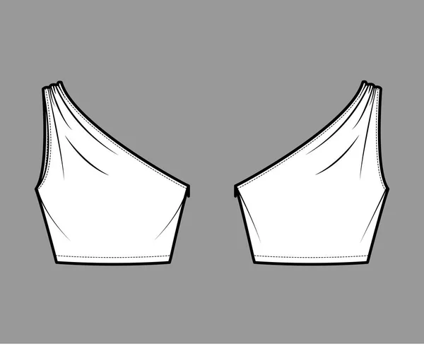 Crop top One-shoulder with ruching tank technical fashion illustration with fitted slim body, waist length. Flat outwear — Archivo Imágenes Vectoriales