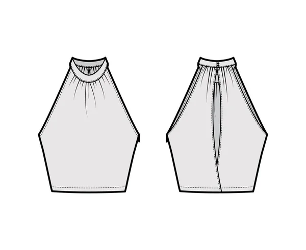 Top crop banded high neck halter tank technical fashion illustration with wrap, slim fit, waist length. Flat apparel — Stockový vektor