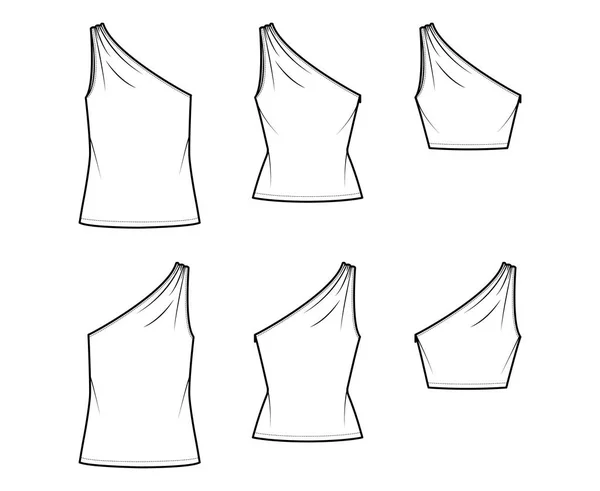 Set of One-shoulder tops tank technical fashion illustration with ruching, fitted, oversized body, tunic, waist length — Vetor de Stock
