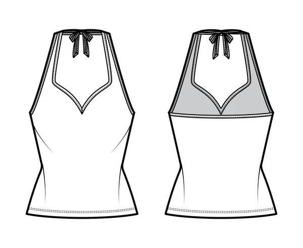 Танк напівкоханої шиї зверху технічна ілюстрація моди з бантом, тонкою посадкою, довжиною туніки. Плоский одяг — стоковий вектор