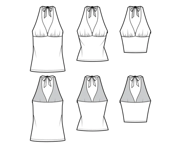 Set med Tops imperium söm och tieback halter tank teknisk mode illustration med närbeslag, överdimensionerad form, — Stock vektor