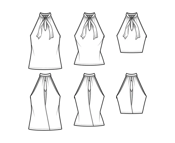 Set of Tops V-neck halter tank technical fashion illustration with tie, wrap, slim, oversized fit, bow, crop, tunic — ストックベクタ