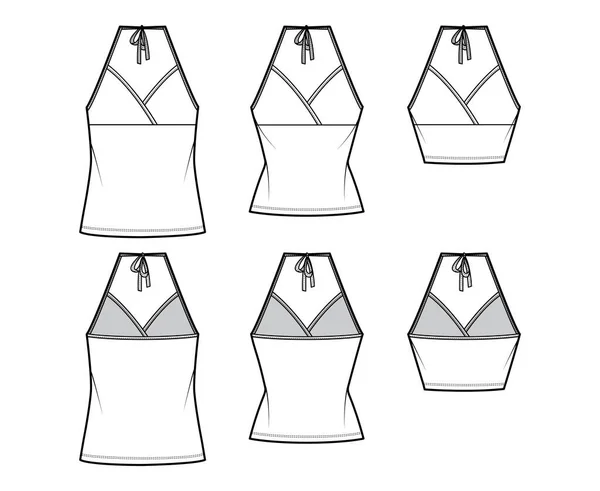 Set of Camisoles halter neck surplice tanks technical fashion illustration with empire seam, bow, slim, oversized fit — стоковый вектор