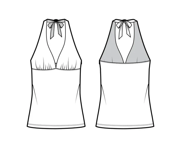 Top império costura e tieback tanque halter ilustração de moda técnica com forma close-fitting, oversized. Vestuário plano — Vetor de Stock