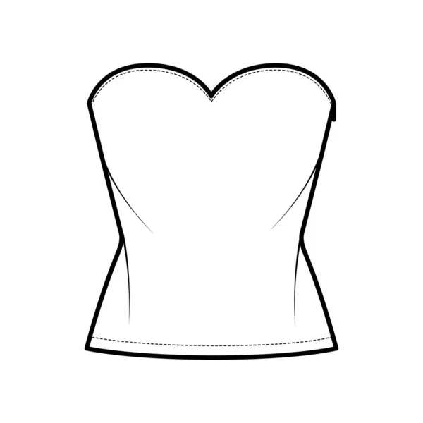 Top crop strapless sweetheart neckline technical fashion illustration with slim fit, waist length. Flat apparel shirt — Stock Vector