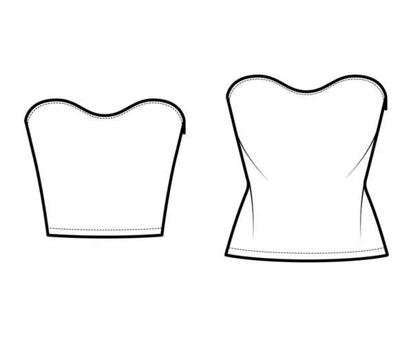 Set of Tops strapless scoop neckline technical fashion illustration with slim fit, crop, tunic length. Flat apparel — Vettoriale Stock