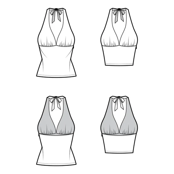 Set di Top impero cucitura e tieback halter serbatoio tecnica illustrazione di moda con forma aderente, raccolto, tunica — Vettoriale Stock