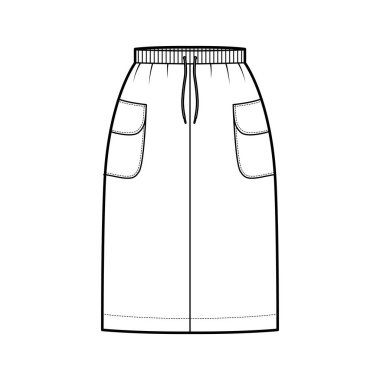 Etek kargo teknik tasviri, diz boyu, yan cepleri flepli, gergin bel kemeri. Düz 