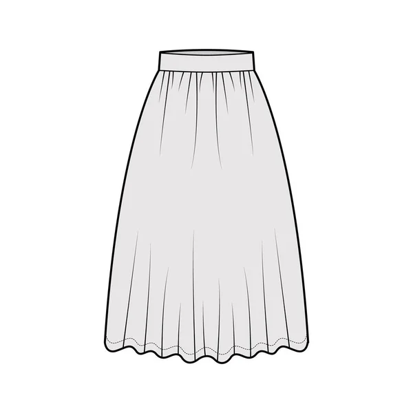 Skirt dirndl τεχνική απεικόνιση μόδας με μήκος κάτω από το γόνατο, ημι-κυκλική πληρότητα, παχιά ζώνη. Επίπεδη — Διανυσματικό Αρχείο