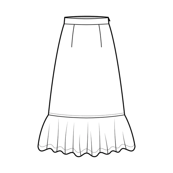 Skirt midi prairie dirndl technical fashion illustration with mid-calf lengths, semi-circular fullness, thick waistband. — Stock Vector