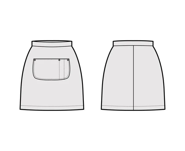 Jupe tablier illustration de mode technique avec mini silhouette, plénitude du crayon, grande poche centrale Modèle bas plat — Image vectorielle