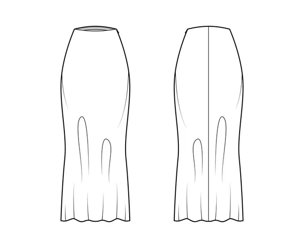 Kjol lång snedskuren teknisk mode illustration med maxi längder silhuett, semi-monterad fullhet botten mall — Stock vektor