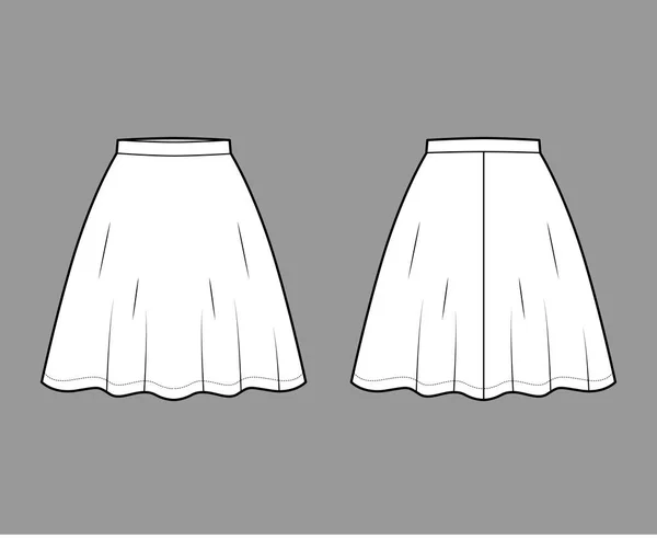 Spódnica flared skater ilustracja techniczna mody z ponadkolanowej sylwetki, półokrągła pełnia. Płaskie dno — Wektor stockowy