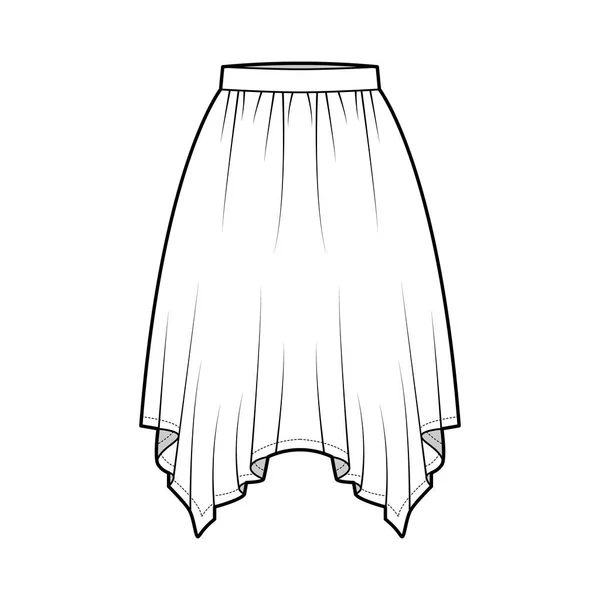 Φούστα μαντήλι τεχνική εικόνα μόδας με κυκλική σιλουέτα γόνατο, μολύβι πληρότητα, λεπτή ζώνη. Επίπεδη — Διανυσματικό Αρχείο