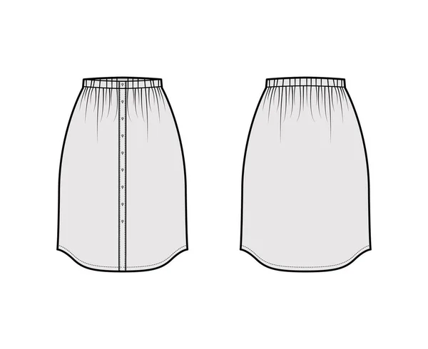 Skirt button down dirndl technical fashion illustration with straight knee silhouette, pencil fullness bottom template - Stok Vektor