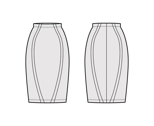短裙鞘技术时尚图解与直的半拟合膝盖轮廓，铅笔丰满，细腰带 — 图库矢量图片