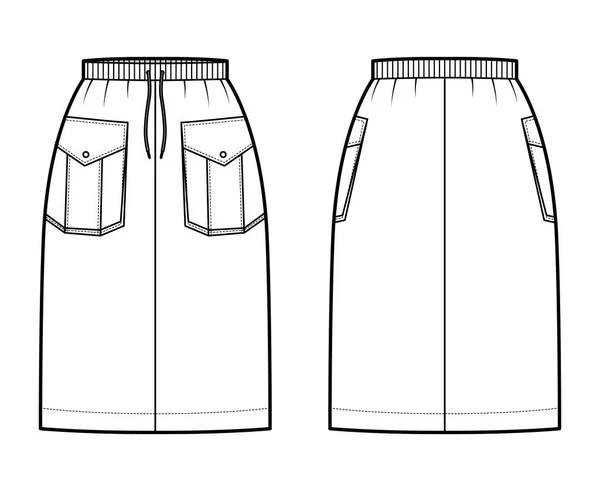 Falda de carga técnica de moda ilustración con longitud de rodilla, bolsillos con solapa, cintura con cordón elástico. Plano — Vector de stock