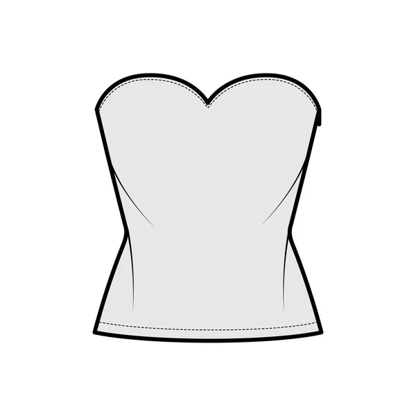 Top crop strapless sweetheart neckline technical fashion illustration with slim fit, waist length. Flat apparel shirt — Stock Vector