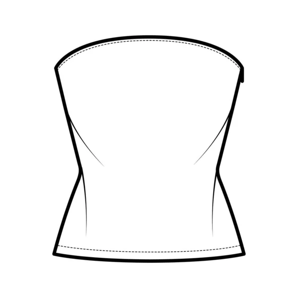 Top crop senza spalline tubo scollatura tecnica illustrazione di moda con vestibilità sottile, lunghezza della vita. Abbigliamento piatto camicia outwear — Vettoriale Stock