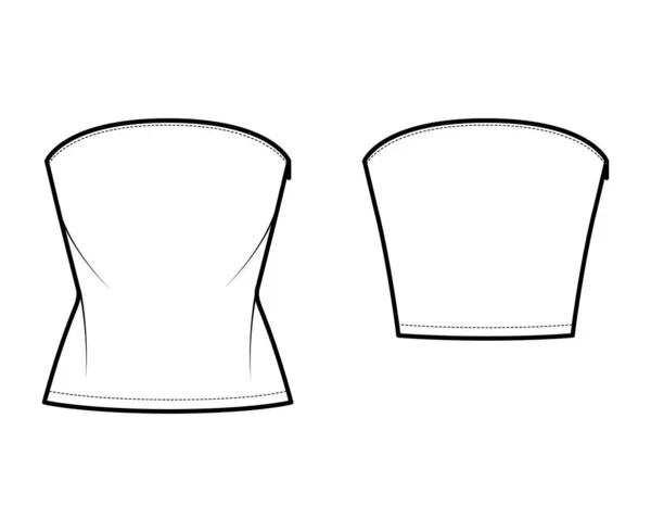 Set of Tops strapless tube neckline technical fashion illustration with slim fit, crop, tunic length. Flat apparel — Vetor de Stock