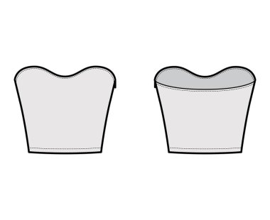Üst ekin askısız yaka, ince formalı, bel uzunluğunda teknik moda illüstrasyonu. Düz giyimli gömlek.