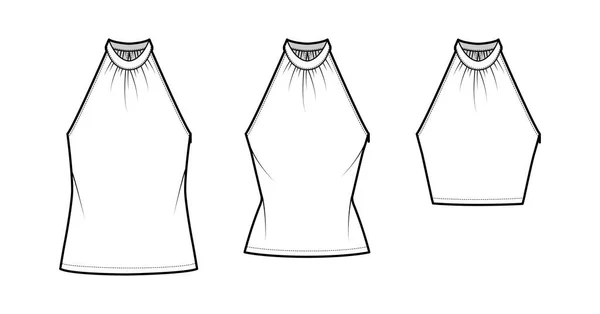 Set of Tops banded high neck halter tank technical fashion illustration with wrap, slim, oversized, crop, tunic length — Stockvector