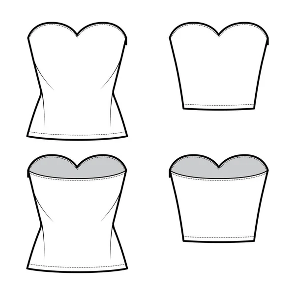 Set med Tops axelbandslös sötnos halsringning teknisk mode illustration med smal passform, gröda, tunika längd. Platta kläder — Stock vektor