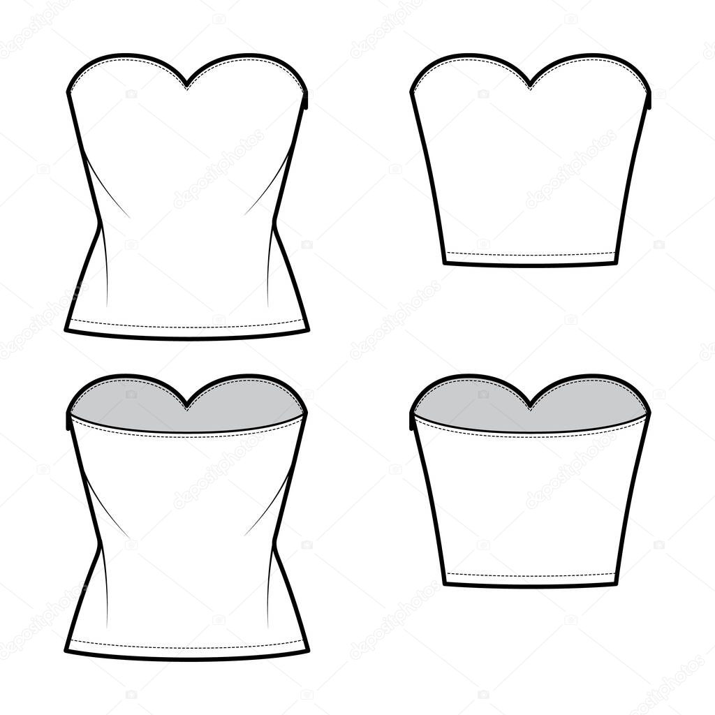 Set of Tops strapless sweetheart neckline technical fashion illustration with slim fit, crop, tunic length. Flat apparel