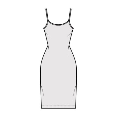 Gecelik teknik moda tasviri kepçe yaka, kayışlar, diz boyu, uygun vücut, dolgunluk. Düz