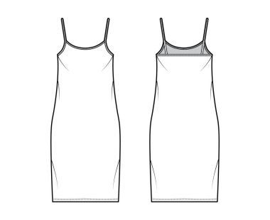 Gecelik teknik moda tasviri kepçe boyun, kayışlar, diz boyu, büyük beden, dolgunluk..