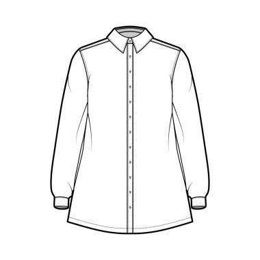 Tişört trapezi teknik tasviri dirsek katlanmış uzun kollu, manşetli, klasik normal yakalı, büyük boyutlu.