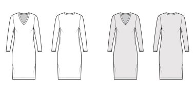 T-shirt dress technical fashion illustration with V-neck, long sleeves, knee length, oversized body, Pencil fullness. clipart