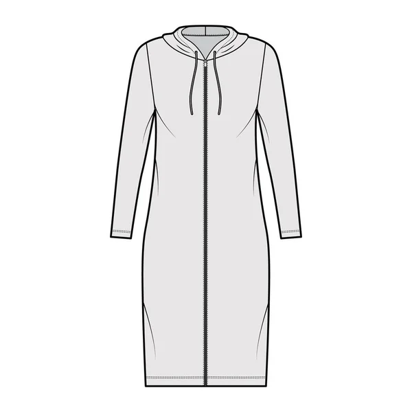 Hoodie zip-up jurk technische mode illustratie met lange mouwen, knie lengte, oversized lichaam, Potlood volheid. Vlak — Stockvector