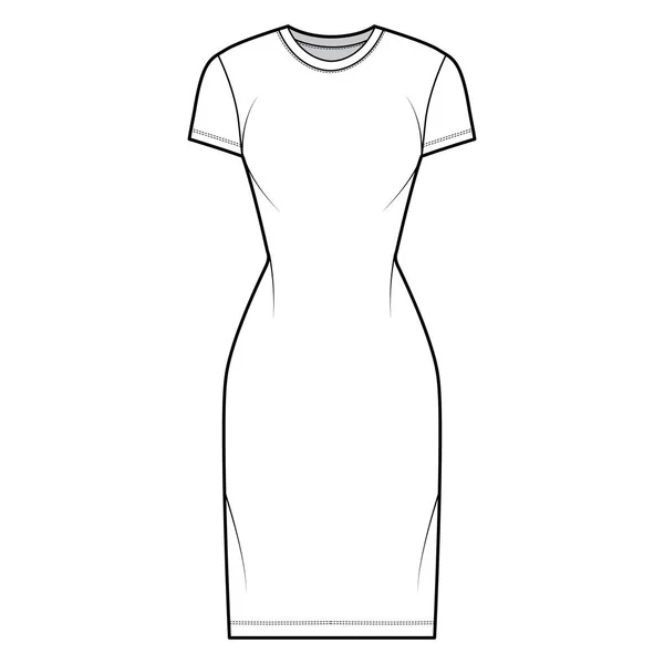 T-shirt φόρεμα τεχνική εικόνα μόδας με το λαιμό του πληρώματος, κοντά μανίκια, μήκος γόνατος, λεπτή εφαρμογή, Μολύβι πληρότητα. Επίπεδη — Διανυσματικό Αρχείο