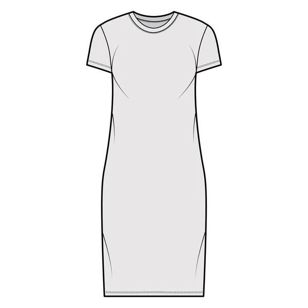 Camiseta vestido técnica moda ilustración con cuello redondo, mangas cortas, longitud de rodilla, de gran tamaño, Plenitud de lápiz. — Vector de stock