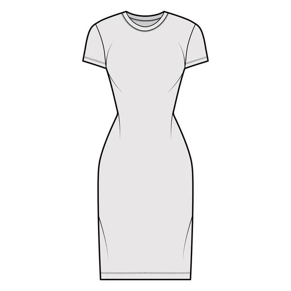 T-shirt abito tecnico illustrazione di moda con girocollo, maniche corte, ginocchio, vestibilità slim, Matita pienezza. Piatto — Vettoriale Stock